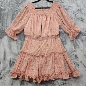 Lea & Viola Dress Womens M Orange Peach Floral Chiffon Smocked Waist Ruffled